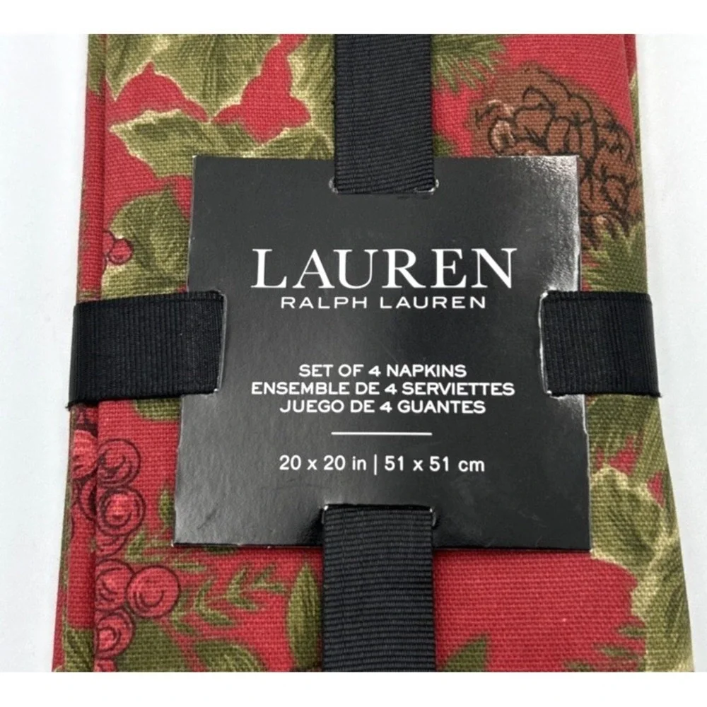 Ralph Lauren Birchmont Set of 4 Red Berry Christmas Winter Cloth Napkins 20x20